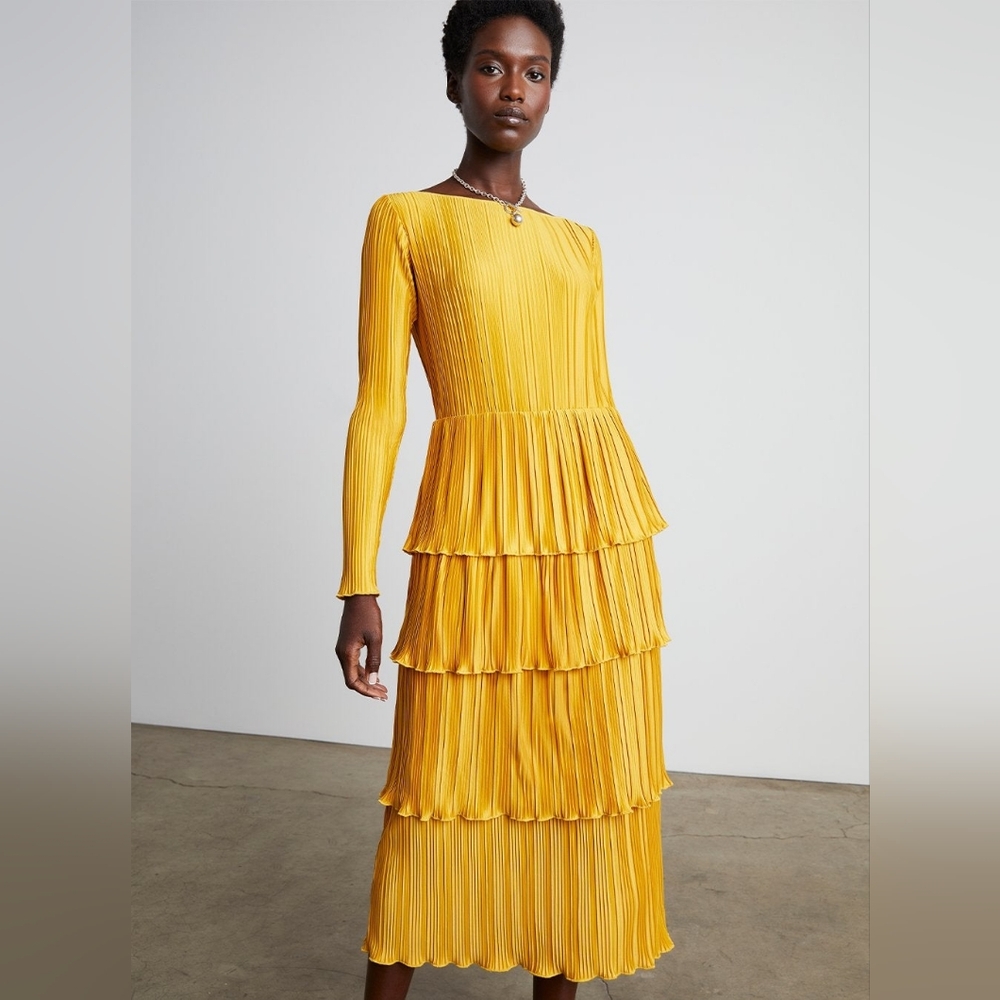 WHO WHAT WEAR Venus Gold Tiered Dress Large NWT
